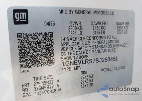 2025 Chevrolet Traverse Awd Rs из США, поврежденный, VIN 1GNEVLRS7SJ250451